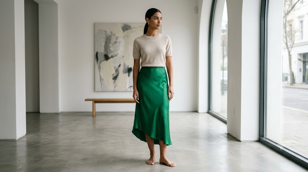 Emerald Green Silk Skirt & Cashmere Tee